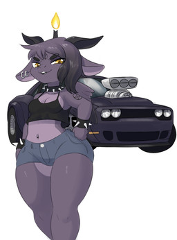 anthro big_butt black_bracelet black_collar black_horn bottomwear bracelet breasts brown_pupils butt car cleavage clothed clothing collar crop_top denim denim_bottomwear denim_clothing denim_shorts eyebrows female fire grin horn hotpants jewelry looking_at_viewer navel navel_piercing occult_symbol pentagram piercing pupils shirt shorts simple_background small_breasts smile solo spiked_bracelet spiked_collar spikes symbol thick_eyebrows thick_thighs topwear vehicle white_background yellow_eyes mr-shin dodge_challenger unnamed_character bovid caprine demon goat mammal 2025 hi_res
