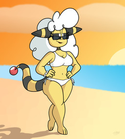 anthro beach bikini clothing eyewear female hands_on_hips lipstick makeup mature_female sand sea seaside solo sunglasses sunset swimwear thick_thighs two-piece_swimsuit walking water toontk toonveetoons nintendo pokemon poketropolis ms._barrett_(poketropolis) generation_2_pokemon generation_6_pokemon mega_ampharos mega_evolution pokemon_(species) absurd_res hi_res