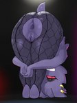 anthro anus bent_over butt clothed clothing female genitals looking_at_viewer purple_body pussy pussy_cutout rear_view red_eyes red_sclera smile solo tail mdthetest nintendo pokemon praise_da_booty_(meme) generation_1_pokemon gengar pokemon_(species) 2023 hi_res