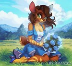 anthro bottomwear bouquet breasts brown_body brown_fur brown_hair brown_tail clothed clothed_anthro clothed_female clothing cloud countershade_torso countershading day dress female flower flower_bouquet front_view fully_clothed fully_clothed_anthro fully_clothed_female fur green_eyes hair kneeling looking_at_viewer mountain on_ground outside plant sky smile solo tail topwear imanika deer mammal 2025 digital_media_(artwork)