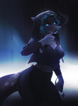 anthro bandage black_bottomwear black_clothing black_pants black_topwear blood blue_eyes blue_hair bodily_fluids bottomwear clothing facial_piercing fangs female glistening glistening_eyes grey_body hair lip_piercing lip_ring looking_at_viewer nose_piercing nose_ring open_mouth pants piercing raining ring_piercing septum_piercing septum_ring simple_background solo teeth text topwear white_body unknowhiter species_request 2020 artist_name dated hi_res portrait three-quarter_portrait