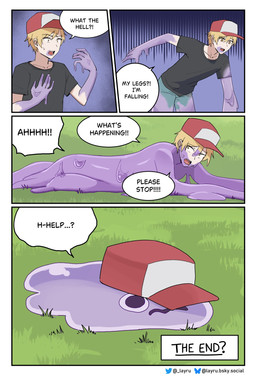 ambiguous_gender blonde_hair clothing clothing_loss dialogue duo forced forced_transformation frown goo_transformation grass hair hat headgear headwear human_to_feral male open_mouth outside panicking plant pokemon_transformation purple_body species_transformation transformation verbal_reaction_to_tf yellow_eyes layruwu nintendo pokemon fan_character pokemon_trainer ditto_(pokemon) generation_1_pokemon human humanoid mammal pokemon_(species) comic hi_res