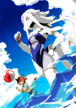 age_difference anthro ball beach_ball blue_clothing blue_eyes blue_swimwear blush clothing cloud cuff_bracelet distracted duo eyebrows female green_eyes hair inflatable jewelry long_hair male male/female necklace one-piece_swimsuit red_eyebrows shirt sky swimming_trunks swimwear tail topwear translucent translucent_clothing translucent_swimwear unbuttoned_shirt water white_body oiru cygames world_flipper helga_(world_flipper) teo_(world_flipper) canid canine felid lion mammal pantherine hi_res