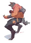 absurd_res anthro bottomwear canid canine canis clothed clothing fur grey_body grey_bottomwear grey_clothing grey_fur grey_pants hi_res looking_at_viewer male mammal orange_clothing orange_topwear pants simple_background solo topwear white_background wolf x1aoyaoya