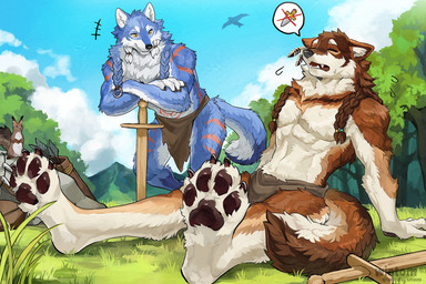 accessory anthro arrow_(weapon) barefoot blue_body blue_fur bodily_fluids bottomwear braided_hair brown_body brown_fur claws clothed clothing duo eyes_closed feather_ear_ring feet finger_claws fur grass hair hair_accessory loincloth male melee_weapon outside pawpads paws plant pointy_ears prick_ears quiver_(object) ranged_weapon sitting speech_bubble sweat sword tattoo teeth text toe_claws topless topless_anthro topless_male training_sword tree weapon white_body white_fur wooden_sword yellow_eyes wintom miles_(miles-wolf) wolfdale_(wolfdale1997) ambient_bird canid canine canis mammal rodent sciurid tree_squirrel wolf 2026 artist_name digital_media_(artwork) hi_res