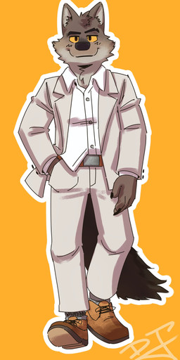 anthro belt clothing eyebrows hand_in_pocket male pockets raised_eyebrow simple_background smile smiling_at_viewer solo suit white_clothing white_suit yellow_background yellow_sclera dibujugador dreamworks the_bad_guys mr._wolf_(the_bad_guys) canid canine canis mammal wolf absurd_res hi_res
