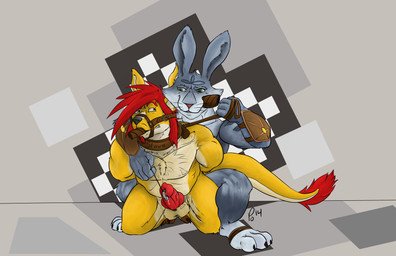 abstract_background anal anthro armor black_nose cigar clothing collar dominant dominant_male dominatrix duo erection from_behind_position fur gauntlets genital_piercing genitals gloves hair hand_behind_back handwear kneeling knot leash male male/male muzzle_(object) muzzled outline penis penis_piercing piercing prince_albert_piercing red_hair sex simple_background smile smoking submissive submissive_male tail tail_tuft tuft plaguedobsession dreamworks rise_of_the_guardians e._aster_bunnymund canid canine lagomorph leporid mammal rabbit absurd_res digital_media_(artwork) hi_res