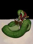 5_fingers anthro apode book eyewear fingers glasses gold_(metal) gold_jewelry green_body holding_book holding_object jewelry legless male reading serpentine simple_background solo botak raul_greenscale draconcopode naga reptile scalie snake 2020 hi_res