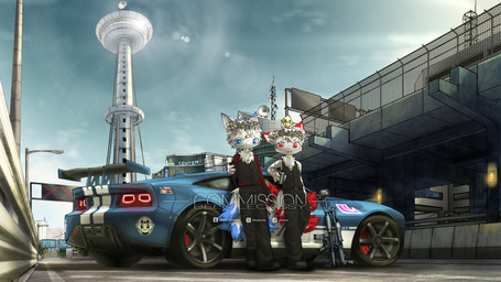4_fingers accessory anthro black_bottomwear black_clothing black_pants black_topwear blue_body blue_ears blue_eyes blue_fur blue_tail blue_tail_tip bottomwear building car city cityscape clothed clothing dipstick_tail duo electronics eyewear fingers flower flower_in_hair flower_on_head fox_tail fur glasses grabbing gun hair hair_accessory handgun headgear headwear holding_gun holding_object holding_ranged_weapon holding_weapon leaning leaning_backward light light_beam looking_at_object looking_at_phone looking_at_viewer male markings multi_tail outside pants phone plant ranged_weapon red_body red_clothing red_eyes red_fur red_inner_ear red_shirt red_tail_tip red_topwear road road_sign shirt sky smile standing sunbeam sunlight tail tail_markings topwear tower vehicle weapon white_body white_clothing white_fur white_inner_ear white_topwear bikabe3m canid canine canis fox mammal 16:9 2026 digital_media_(artwork) hi_res watermark widescreen