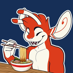 5_fingers antennae_(anatomy) anthro athletic athletic_anthro athletic_male biped bowl chopsticks container counter dipstick_antennae eyes_closed featureless_chest fingers food fur gloves_(marking) happy holding_chopsticks holding_object humanoid_hands male markings multicolored_antennae multicolored_body multicolored_fur noodles open_mouth open_smile outline pink_nose red_body red_fur sharp_teeth simple_background smile solo teeth telegram_sticker transparent_background two_tone_body two_tone_fur white_body white_fur white_outline shiuk disney lilo_and_stitch fan_character ferlo alien experiment_(lilo_and_stitch) 1:1 alpha_channel digital_drawing_(artwork) digital_media_(artwork)