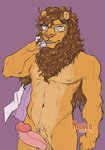 2021 anthro athletic athletic_anthro athletic_male beastars big_penis brown_hair cigarette clothing erection eyewear eyewear_only felid front_view fur genitals glasses glasses_only hair holding_clothing holding_object humanoid_genitalia humanoid_penis ibuki_(beastars) lion male mammal mane mature_anthro mature_male nude pantherine penis portrait solo thorso_the_vile three-quarter_portrait wearing_glasses yellow_body yellow_fur