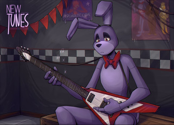 anthro biped bow_(feature) bow_tie electric_guitar guitar machine male musical_instrument playing_guitar playing_music plucked_string_instrument sitting solo string_instrument nobody_(artist) five_nights_at_freddy's flying_v gibson scottgames bonnie_(fnaf) animatronic lagomorph leporid mammal rabbit robot