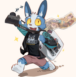 anthro bag barefoot biped black_clothing black_shirt black_topwear blue_body blue_fur blue_inner_ear bottomwear brown_bottomwear brown_clothing brown_shorts camera clothed clothed_anthro clothed_male clothing crossbar_emanata emanata feet front_view fully_clothed fully_clothed_anthro fully_clothed_male fur head_tuft holding_bag holding_camera holding_object jacket looking_at_viewer male open_clothing open_jacket open_mouth open_smile open_topwear plantigrade print_clothing print_jacket print_shirt print_topwear pupils red_tongue shirt shorts simple_background slit_pupils smile smiling_at_viewer snout solo sparkles tan_background teal_clothing teal_jacket teal_topwear teeth text tongue tongue_showing topwear tuft yellow_sclera kuromonsart kuro_(kuromonsart) lagomorph leporid mammal rabbit 2026 absurd_res artist_name dated digital_drawing_(artwork) digital_media_(artwork) english_text full-length_portrait hi_res portrait