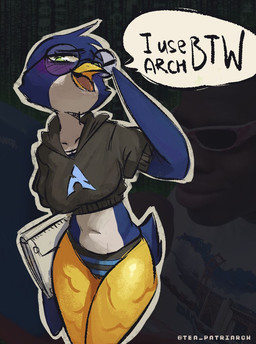 anthro big_breasts blush breasts clothed clothing eyewear female glasses looking_at_viewer simple_background smile solo tail text tea_patriarch linux tux_(linux) avian bird penguin digital_media_(artwork) tagme