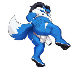 5_fingers 5_toes anthro anus ball black_hair blue_body butt claws feet fingers foreskin fur genitals hair male multicolored_body multicolored_fur neck_tuft nude pawpads paws penis smile solo tail toe_claws toes tuft seyrmo aether_(panfluff) canid canine canis domestic_dog mammal nordic_sled_dog samoyed spitz