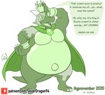 2020 3_toes 4_fingers anthro belly big_belly biped bracelet cape claws clothing collar crocodilian crown dialogue digital_drawing_(artwork) digital_media_(artwork) donkey_kong_(series) dragon english_text feet fingers headgear horn hypnosis hypnovember jewelry king_k._rool kremling male mind_control mythological_creature mythological_scalie mythology nintendo open_mouth overweight overweight_anthro overweight_male reptile ringed_eyes scalie sharp_teeth simple_background smile solo soul-silver-dragon soul-silver-dragon_(character) species_transformation speech_bubble standing tail teeth text toe_claws toes toony transformation white_background