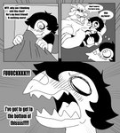 absurd_res adam_(parttimeyeen) anthro bed bedding big_muscles blanket blush body_hair bottomwear bovid caprine carrying_another chest_hair clothing comic dialogue duo english_text eyewear femboy furniture gabriel_(parttimeyeen) glasses goat hi_res horn huge_muscles larger_male lizard male mammal monochrome muscular muscular_anthro muscular_arms muscular_male parttimeyeen_(artist) pillow profanity reptile scalie scratches shirt shorts size_difference text tight_clothing topwear