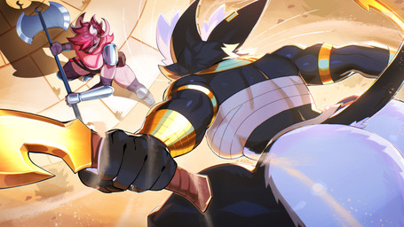 accessory action_pose action_scene anthro armband armlet armor axe back_muscles big_butt black_body black_fur blade border bottomwear bracelet breasts butt chest_wraps claws clothed clothing dual_wielding duo ear_piercing ear_ring egyptian egyptian_clothing female finger_claws fur gold_(metal) gold_bracelet gold_jewelry hair high-angle_view holding_object holding_weapon inner_ear_fluff jewelry looking_up multicolored_body multicolored_fur muscular muscular_anthro muscular_female piercing pink_body pink_fur pose red_hair ring_piercing skimpy smile standing tail tuft two_tone_body two_tone_fur usekh weapon white_body white_border white_fur white_inner_ear white_inner_ear_fluff wraps muart242 bacardi_(muart242) terra_(prate) bovid bovine cattle domestic_cat felid feline felis mammal 16:9 2026 absurd_res hi_res pinup widescreen