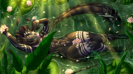 anthro bird's-eye_view bodypaint dark_body detailed_background face_paint feather_hair feathers female floating floral flower grin high-angle_view lily_pad looking_at_viewer lying muscular muscular_female naturally_censored on_back orange_eyes petals plant pseudo_hair scales smile solo tail thick_tail thick_thighs ventral_scales water water_lily wide_hips henyoki microsoft the_elder_scrolls the_elder_scrolls_online situth_(varlastreak) argonian arthropod cicada insect scalie true_bug 16:9 4k absurd_res hi_res high_contrast widescreen