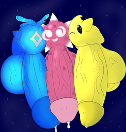 antennae_(anatomy) balls big_balls big_penis blue_body bodily_fluids cum cum_drip cum_dripping_from_penis dripping erection featureless_face floating floating_head_creature genital_fluids genitals gesture glowing glowing_body group huge_balls huge_penis humanoid_genitalia humanoid_penis hyper hyper_balls hyper_genitalia hyper_penis looking_at_viewer male mouthless night one_eye_closed open_mouth open_smile outside penis pink_body presenting presenting_penis simple_background smile spikes spikes_(anatomy) thick_thighs trio vein waving waving_at_viewer white_eyes wink winking_at_viewer yellow_body anoelotl kirby_(series) mario_bros nintendo pokemon super_mario_galaxy generation_7_pokemon luma minior minior_(core_form) pokemon_(species) red_core_minior starry_(kirby) waddling_head absurd_res crossover digital_media_(artwork) hi_res