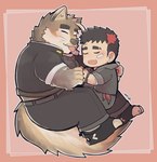 anthro blep blush brown_body brown_fur chibi clothing cuddling duo eyebrows fur hair hand_holding hoodie jacket male male/male multicolored_hair scar smile thick_eyebrows tongue tongue_out topwear igarashi_ta lifewonders live_a_hero canes_(live_a_hero) sterio canid canine canis domestic_dog human mammal hi_res