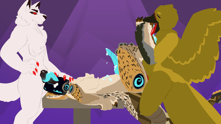 anthro black_penis blue_eyes blue_penis bodily_fluids cum cum_drip cum_in_mouth cum_inside cum_on_penis dripping feet fellatio foot_fetish foot_lick foot_play genital_fluids genitals group knot knotted_penis leg_grab licking machine male male/male oral penile penis red_eyes sex spitroast table_grab tongue trio schocoa_(artist) applesnack_(applesnack) avian bird canid canine canis coyote hybrid mammal pit_viper protogen rattlesnake reptile scalie snake viper wolf absurd_res flat_colors hi_res lineless