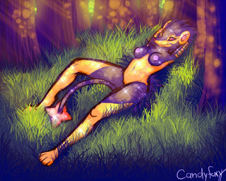 anthro anthrofied detailed_background female forest nature outside plant pokemorph solo sparkles sun tail tree wood candyfoxy nintendo pokemon felid generation_4_pokemon luxray mammal pokemon_(species) shiny_pokemon 2012 5:4 digital_media_(artwork) shaded