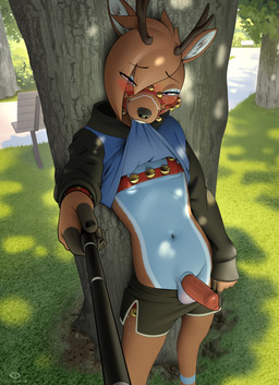 5_fingers animal_genitalia animal_penis anthro balls bell bench biped blue_balls blush bottomwear bottomwear_down brown_body brown_hair canine_genitalia canine_penis clothed clothing crop_top cropped_hoodie day erection femboy fingers genitals grass hair harness hoodie jingle_bell light looking_at_viewer male male_anthro mismatched_animal_penis mismatched_genitalia mismatched_penis multicolored_body outside park partially_clothed penis pink_eyes plant presenting public public_nudity selfie selfie_stick sheath shirt shorts shorts_down solo sunlight topwear tree vein veiny_penis codyblue-731 deer mammal absurd_res hi_res