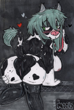anthro blush breasts butt butt_grab clothing female floppy_ears genitals green_eyes hair hand_on_butt legwear looking_back side_boob simple_background solo stockings tail teal_hair thigh_highs vulva mootsncompany mumei_(mootsncompany) bovid bovine cattle holstein_friesian_cattle mammal absurd_res hi_res sketch traditional_media_(artwork)
