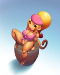 anthro barrel big_breasts blonde_hair breasts brown_body brown_fur cleavage clothed clothing cosplay eyelashes female fur genitals hair hat headgear headwear lipstick long_hair looking_at_viewer makeup partially_clothed ponytail pussy short_stack sitting solo thick_thighs nitro donkey_kong_(series) nintendo dixie_kong sonyu_tainkong haplorhine mammal monkey primate hi_res