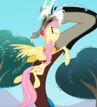 antlers brown_body brown_fur cutie_mark duo eyes_closed fangs feathered_wings feathers female feral frown fur hair horn hug male outside pink_hair plant smile teeth tree wings yellow_body yellow_feathers yellow_fur grievousfan friendship_is_magic hasbro my_little_pony mythology discord_(mlp) fluttershy_(mlp) chimera draconequus equid equine mammal mythological_creature mythological_equine pegasus 2013