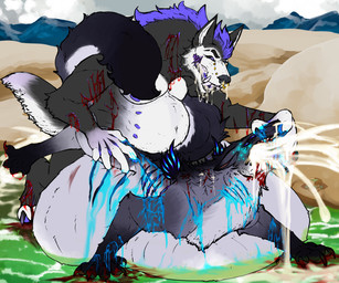 abdominal_bulge anal_orgasm animal_genitalia animal_penis anthro anthro_on_feral anus balls beach bestiality bite bite_mark blood blood_from_mouth blood_in_mouth blood_in_water blood_on_face blood_on_hand blood_splatter bodily_fluids breasts canine_genitalia canine_penis canine_teeth cum cum_drip cum_in_ass cum_inflated_belly cum_inflation cum_inside cum_on_penis cum_through cumshot doggystyle dripping duo ejaculation feral feral_penetrating from_behind_position genital_fluids genitals gore hands-free inflation knot knotted_penis male male/male male_on_feral male_penetrating multi_breast multi_nipple nipples orgasm penetration penis questionable_consent scratches sex teratophilia yonnixart mythology blitz_(weredemo) dex_(weredemo) canid canine canis hybrid mammal monster mythological_canine mythological_creature werecanid werecanine werecreature werewolf wolf 6:5 absurd_res hi_res