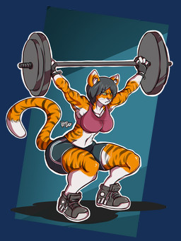 anthro barbell black_hair bodily_fluids bottomwear breasts clothing crouching exercise female fitness footwear green_eyes hair shoes shorts solo sweat sweaty_arms sweaty_body sweaty_face sweaty_legs sweaty_thighs tail weightlifting workout kanogetz felid mammal pantherine tiger 3:4 alpha_channel hi_res