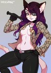 5_fingers anthro breasts clothed clothing eyebrows eyelashes female fingers green_eyes hair medium_breasts midriff navel open_clothing open_shirt open_topwear purple_hair shirt solo tattoo topwear weapon kaitycuddle goro_majima domestic_cat felid feline felis mammal 2021 digital_media_(artwork)