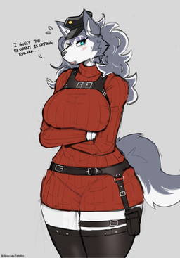 anthro big_breasts black_clothing black_legwear black_thigh_highs blue_eyes blush blush_lines breasts clothing cosplay crossed_arms dialogue eyelashes eyeshadow female fluffy fluffy_tail fur glistening_eyelids grey_body grey_fur grey_hair hair highlights_(coloring) humor legwear long_eyelashes looking_at_viewer makeup multicolored_body multicolored_fur multicolored_hair pun purple_eyeshadow red_clothing solo tail text thick_thighs thigh_highs tuft two_tone_body two_tone_fur two_tone_hair wearing_hat white_body white_fur white_highlights wide_hips tianiseul capcom resident_evil ada_wong ma_ling_(tianiseul) canid canine canis domestic_dog husky mammal nordic_sled_dog spitz 2026 english_text hi_res url