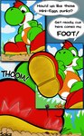 anthro dialogue feet foot_fetish foot_play group low-angle_view male male/male micro shoe_fetish speech_bubble stomping text trio sokz mario_bros nintendo the_great_gonzales_jr yoshi absurd_res comic english_text hi_res