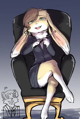 4_toes anthro barefoot blood blush bodily_fluids brown_hair business_suit chair chest_tuft clothing crossed_legs duo feet female fur furniture green_eyes hair kemono laugh leg_markings looking_down male markings multicolored_body multicolored_fur nosebleed outline pose simple_background sitting socks_(marking) suit toes tuft two_tone_body two_tone_fur white_body white_fur yellow_body yellow_fur tsukune_minaga tenshoku_safari mineeya_(tenshoku_safari) usagine_(tenshoku_safari) haplorhine lagomorph leporid mammal monkey primate rabbit hi_res