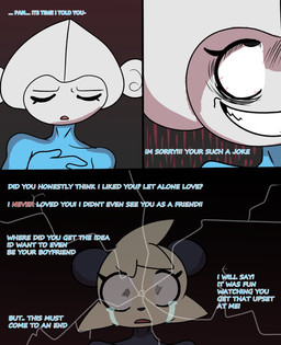 anthro bloodshot_eyes bodily_fluids crazy_eyes crying dialogue duo evil_face insane looking_at_viewer male mind_break sad sadism smile tears text the_truth token_taker nintendo pokemon cham_(token_taker) pan_(token_taker) generation_3_pokemon generation_6_pokemon meditite pancham pokemon_(species) comic digital_media_(artwork) english_text hi_res