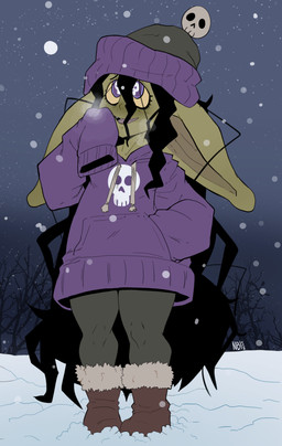 beanie breath clothed clothing female green_body green_skin hat headgear headwear hoodie huge_ears humanoid_pointy_ears leggings legwear looking_up night not_furry open_mouth open_smile outside oversized_clothing oversized_hoodie oversized_topwear plant pointy_ears pupils purple_eyes sharp_teeth skull_pupils skull_symbol sky smile snow snowing solo standing teeth topwear tree unusual_pupils winter nerdbayne hecate_(shidyk) goblin humanoid 2025 absurd_res hi_res