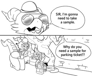 anthro anus beer_mug clothed clothing ejaculation erection eyewear female horn male male/female masturbation nude police police_uniform speech_bubble sunglasses text uniform 4chan_anon unknown_artist jobbold copper_(jobbold) kobold lizard reptile scalie black_and_white comic english_text monochrome