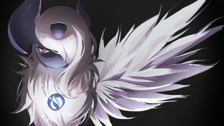 absolite ambiguous_gender eyelashes feathered_wings feathers feral fur hair horn mega_stone one_eye_obstructed red_eyes simple_background solo white_body white_feathers white_fur white_hair wings mmocc123 nintendo pokemon generation_6_pokemon mega_absol mega_evolution pokemon_(species) 16:9 2025 hi_res widescreen