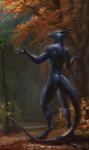 anthro athletic athletic_anthro athletic_male autumn back_muscles biceps blue_body blue_scales butt claws digitigrade green_eyes horn male nude outside raining scales smile solo spines tail akineza mythology kuromino dragon mythological_creature mythological_scalie scalie wingless_dragon 2019 hi_res