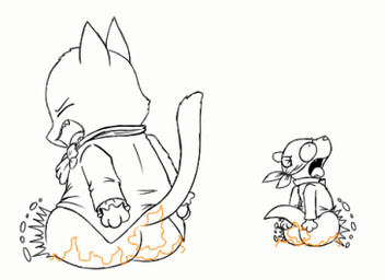 ambiguous_gender anthro big_butt bottomless burning butt butt_on_fire clothed clothing duo eyes_closed fire hand_on_butt kerchief lava open_mouth pain raised_tail tail fifybear domestic_cat felid feline felis mammal mustelid musteline true_musteline weasel 2d_animation animated animated_gif loop low_res short_playtime