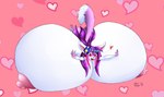 anthro big_breasts big_nipples breast_bed breast_rest breasts ear_piercing female flower fluffy hair happy heart_symbol huge_breasts huge_nipples hyper hyper_breasts lying_on_breasts nipples piercing plant purple_hair ribbons solo vant_talon vixy_(vixynyan) canid canine fennec_fox fox mammal true_fox hi_res