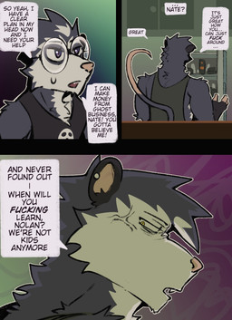 3_panel_comic anthro black_clothing black_shirt black_tank_top black_topwear clothing cross-popping_vein dialogue duo eyewear fur glasses grey_body grey_fur male muscular muscular_anthro muscular_male open_mouth pink_nose pink_tail profanity purple_eyes round_glasses sharp_teeth shirt speech_bubble tail tank_top teeth text topwear white_body white_fur yellow_eyes king_slabu nathan_(king_slabu) nolan_(king_slabu) american_opossum mammal marsupial virginia_opossum comic digital_media_(artwork) english_text hi_res brother_(lore) brothers_(lore) sibling_(lore)
