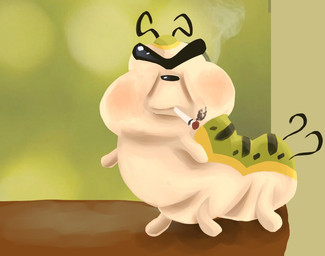 4_legs antennae_(anatomy) black_nose blush cigarette cigarette_in_mouth countershading eyebrows eyeless featureless_feet featureless_hands feet feral green_body looking_at_viewer male male_feral object_in_mouth overweight quadruped side_view smoking solo standing toddler unibrow white_body white_countershading young young_feral young_male stellantiswake disney hoppers_(disney) pixar titus_(hoppers) arthropod caterpillar insect larva digital_media_(artwork) digital_painting_(artwork) lineless painting_(artwork)