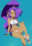 bare_shoulders blue_eyes breasts brown_body brown_skin clothing cosplay crossover_cosplay ear_piercing ear_ring feet female fingers footwear gym_leader hair humanoid_pointy_ears jewelry long_hair looking_at_viewer navel necklace not_furry piercing pointy_ears ponytail purple_hair ring_piercing sandals shoes simple_background sitting smile solo toes r3dfive nintendo pokemon shantae_(series) wayforward nessa_(pokemon) shantae genie humanoid 2023 absurd_res crossover hi_res signature