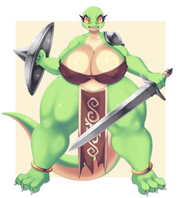 3_toes angry anklet anthro big_breasts biped bottomwear breasts claws clothed clothing curvy_figure eyelashes fangs feet female huge_breasts jewelry loincloth looking_at_viewer melee_weapon nipple_outline non-mammal_breasts open_mouth orange_eyes overweight overweight_anthro overweight_female shield simple_background solo sword teeth thick_thighs toe_claws toes voluptuous weapon wide_hips yellow_eyes mrsk lizard reptile scalie full-length_portrait hi_res portrait
