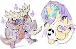 ambiguous_gender belly belly_markings black_sclera blade_arm blush chibi countershading duo fangs fire fireball frill_(anatomy) horn looking_aside looking_at_viewer markings one_eye_closed purple_body purple_scales scales simple_background smile teeth white_background wink yellow_body yellow_scales doneru capcom monster_hunter fanged_wyvern leviathan_(mh) magnamalo somnacanth hi_res sketch