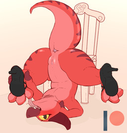 3_toes anthro anus biped butt clothing feet female footwear genitals high_heels horn nude open_mouth presenting presenting_hindquarters shoes simple_background smile solo spreading teeth toes tongue tongue_out upside_down vulva yellow_eyes backsash kobold reptile scalie 2018 digital_media_(artwork) hi_res